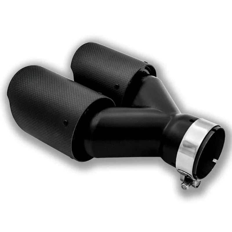 Black carbon fibre double outlet car exhaust pipe silencer nozzle measuring 250mm for vehicle modifications