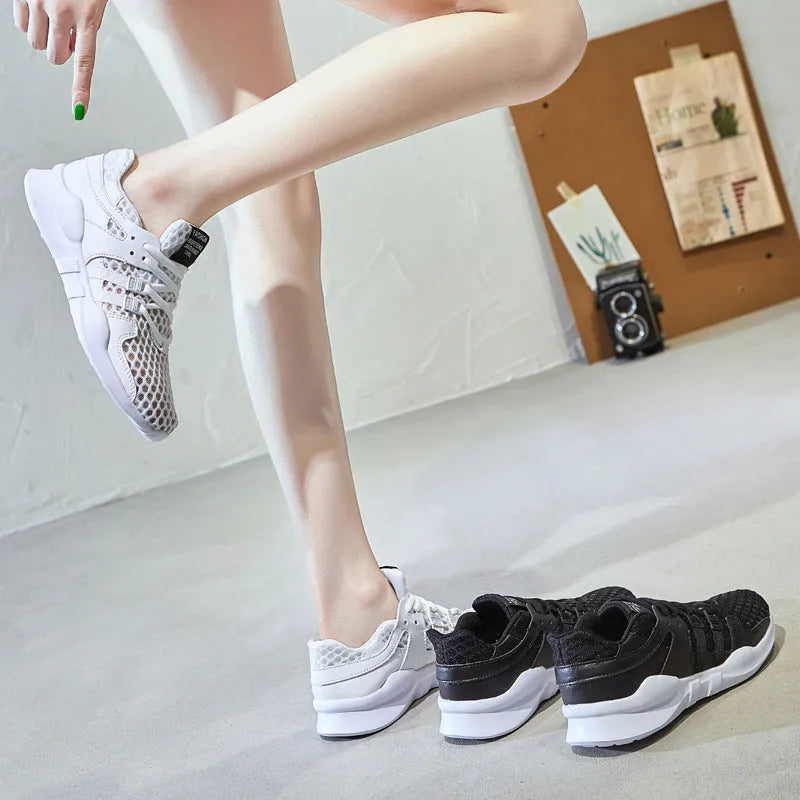 Breathable hollow-out mesh sneakers with low-top design and EVA sole in black and white colour options