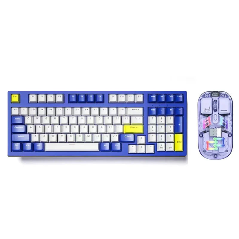 Customisable mechanical keyboard and wireless mouse set in selected colour on a desk