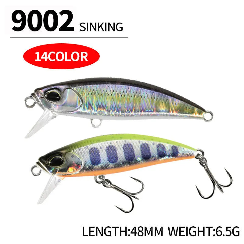 48mm long 6.5g hard fishing lure for mino techniques, shown in one of fourteen available colours.