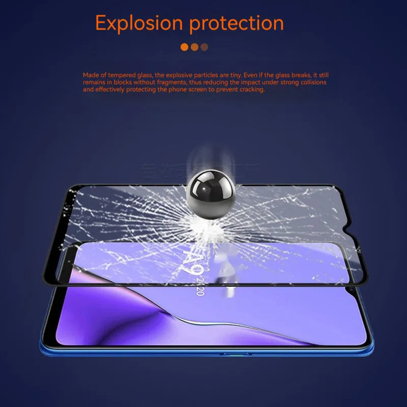 OPPO A9 2020 full glue black tempered glass screen protector shown on a phone.
