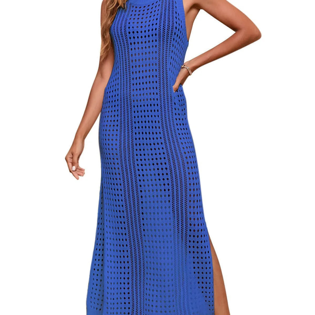 Women's loose knitted beach blouse in a solid colour with a hollow-out design.