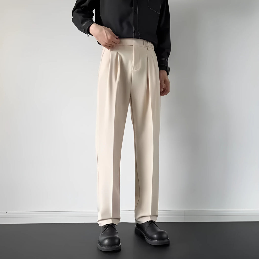 Men's straight-leg loose fit suit trousers in apricot colour on a hanger