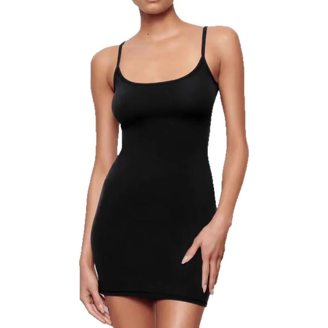 Black polyester sling dress with skinny sheath silhouette and sleeveless design