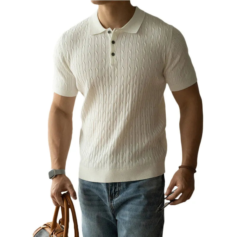 Men's short sleeve business commute top in khaki colour showing front view with size options