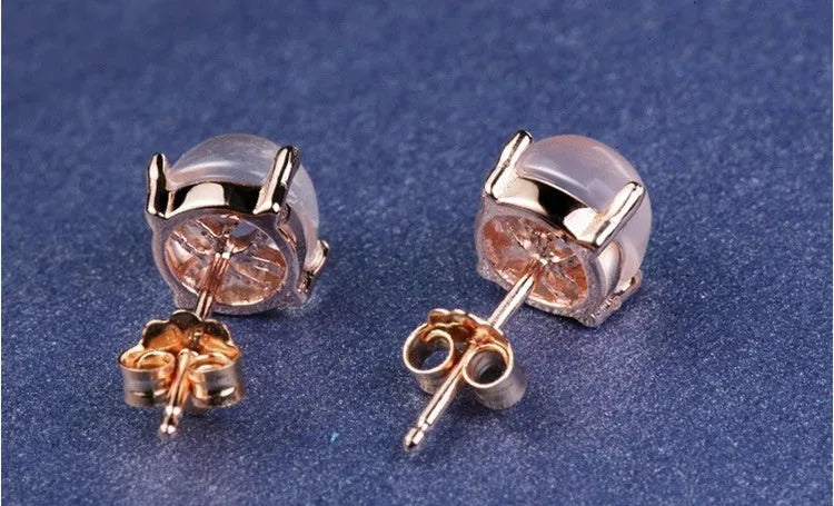 Women's rose gold drop earrings with synthetic rose quartz crystal inlay, Korean-style design