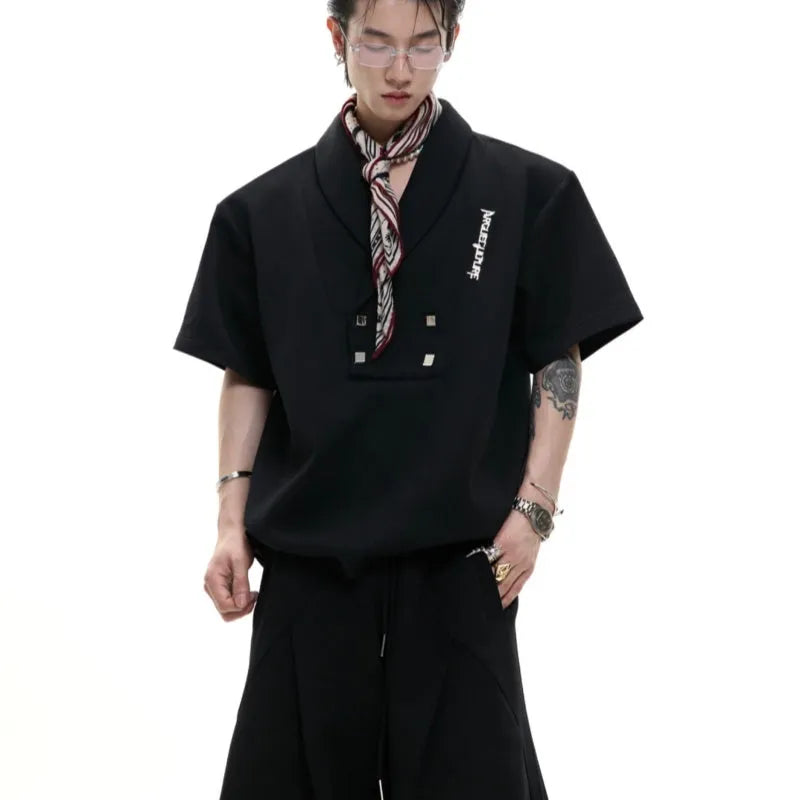 Men's two-piece metal embellished cotton sports suit with padded shoulders and matching shorts