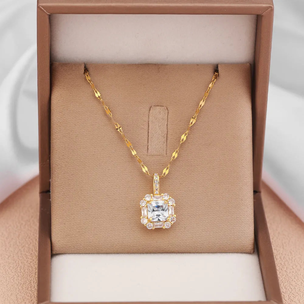 Women's gold titanium steel necklace with quadrilateral gem-inlaid pendant on water wave chain