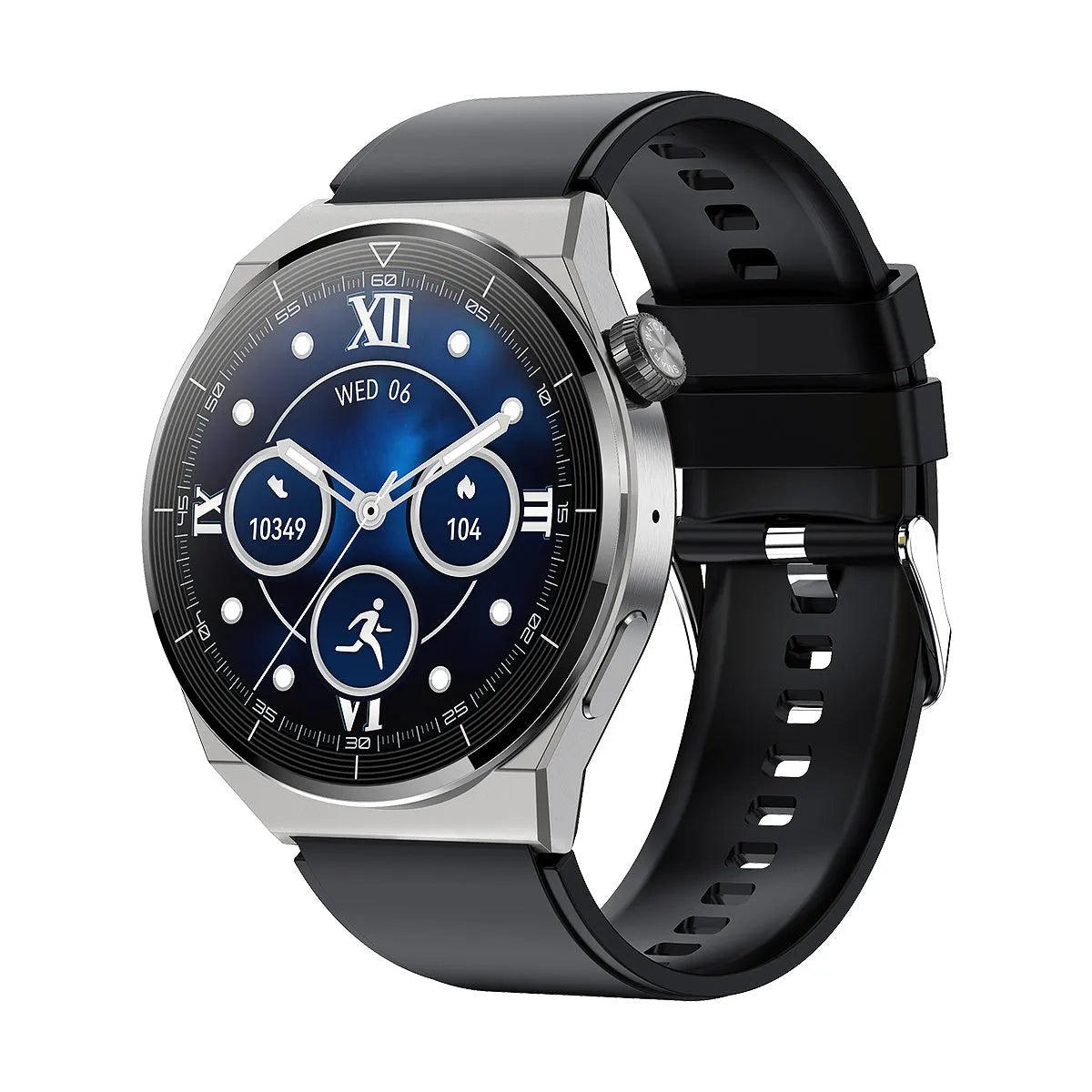 Bluetooth smart watch with round 1.36 inch screen and silicone strap in black or silver colour