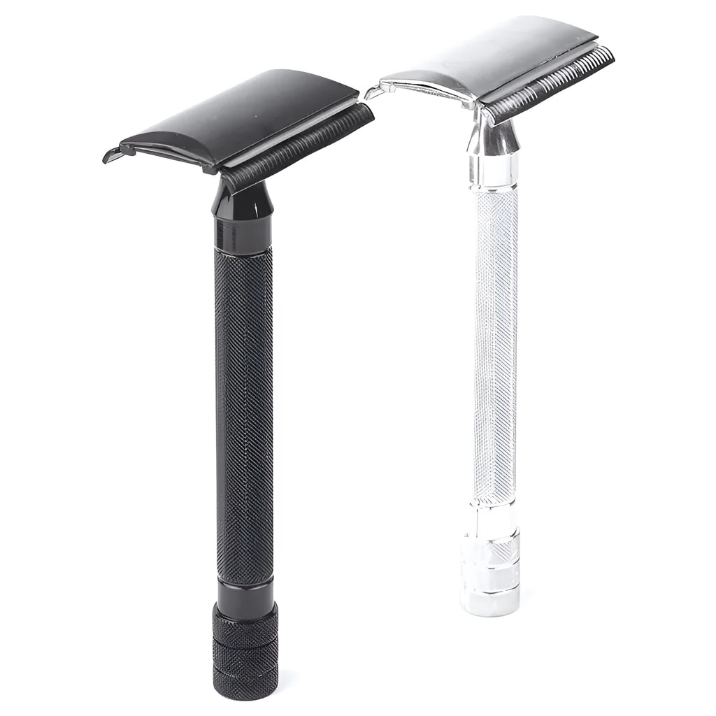 Old-fashioned manual pogonotomy scraping metal shaver with brush in black or silver