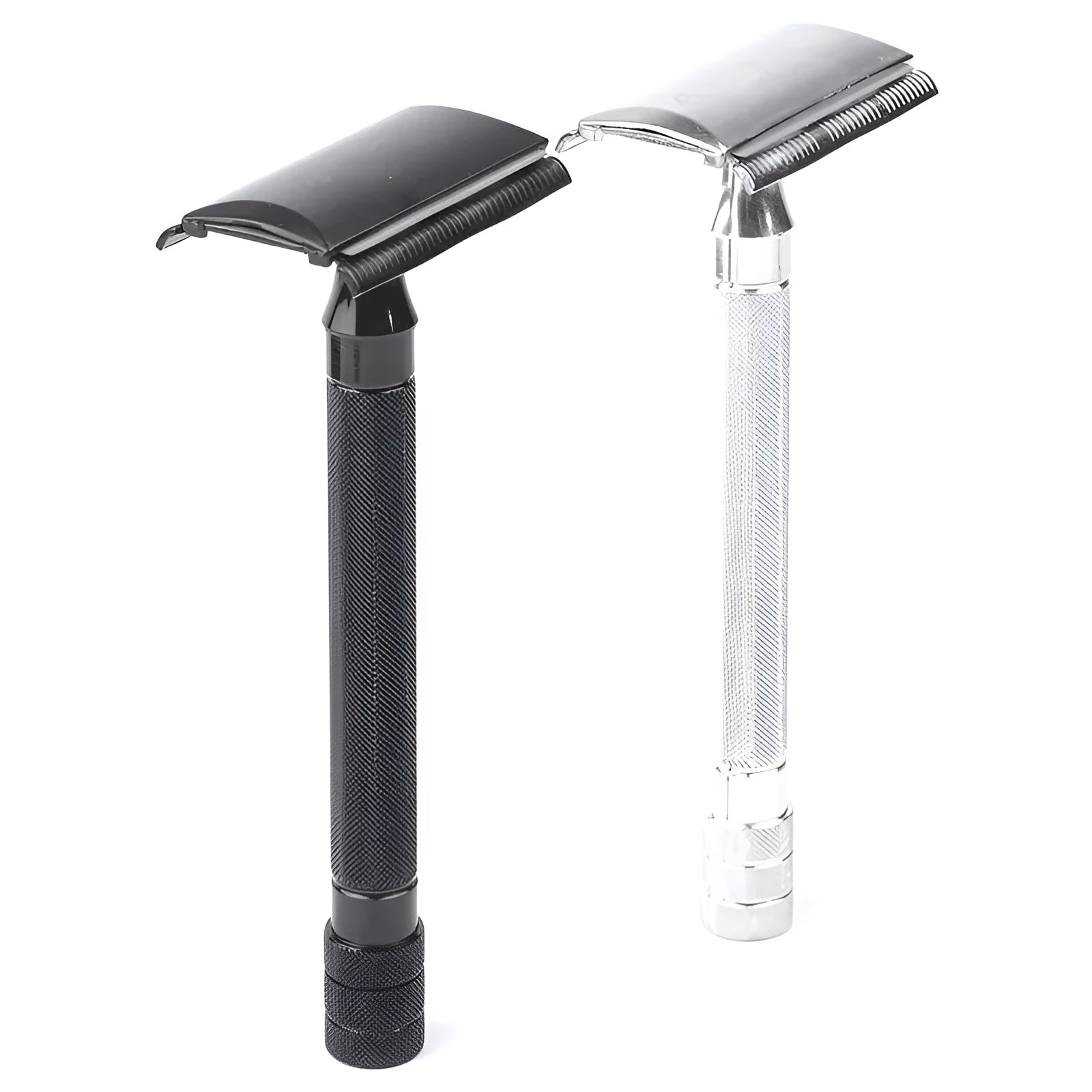 Old-fashioned manual pogonotomy scraping metal shaver with brush in black or silver