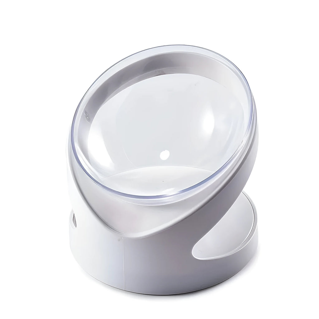 White elevated tilt cat food bowl made from clear durable plastic.