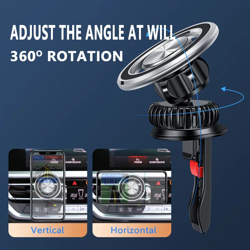 Silver magnetic car air vent phone holder with snap-on clip mounted on dashboard vent