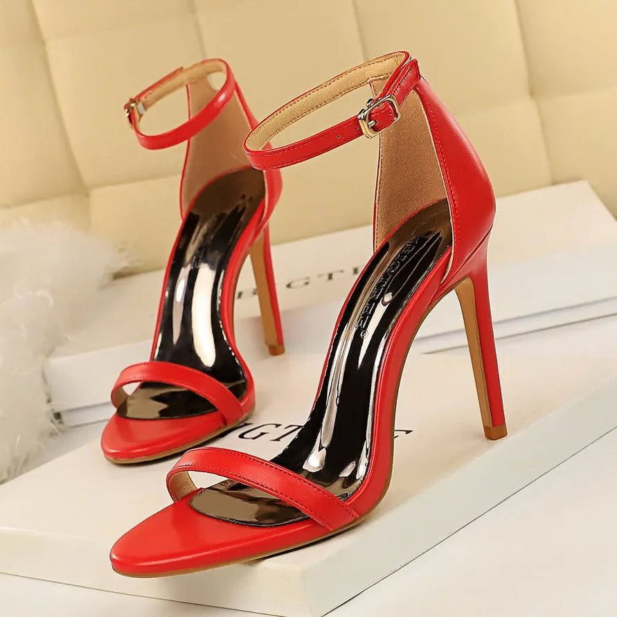Women's open toe ankle strap high heels in six colours with buckle fastening