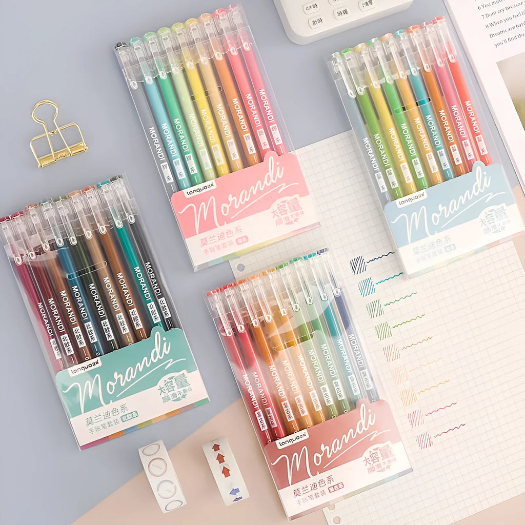Retro gel pen set with nine 0.5mm needle tip pens in a plastic case, showing colour theme options.