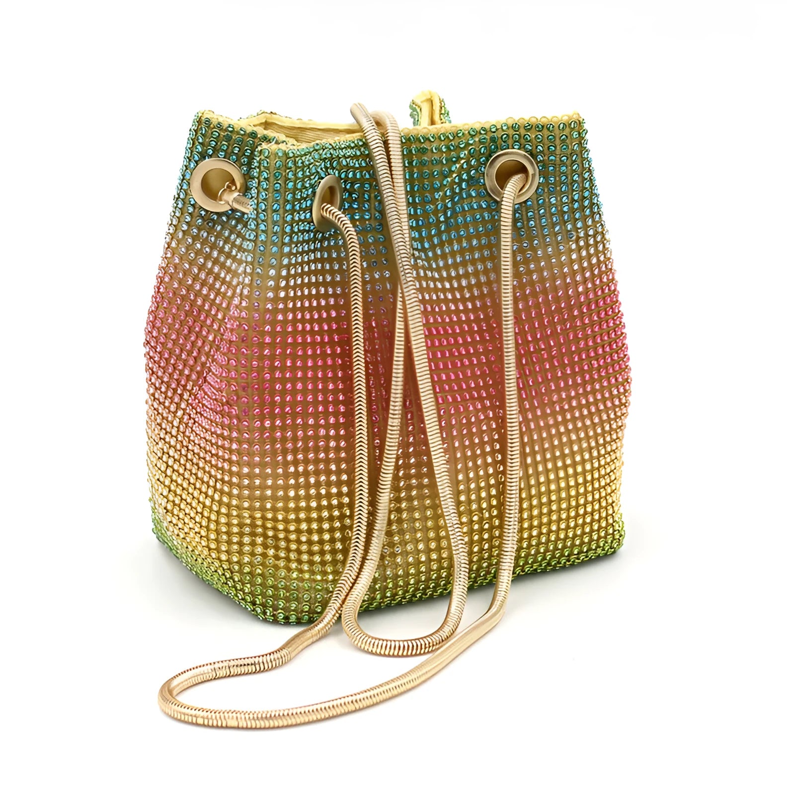 Rainbow rhinestone bucket bag with glittering crystals and a metal chain strap.