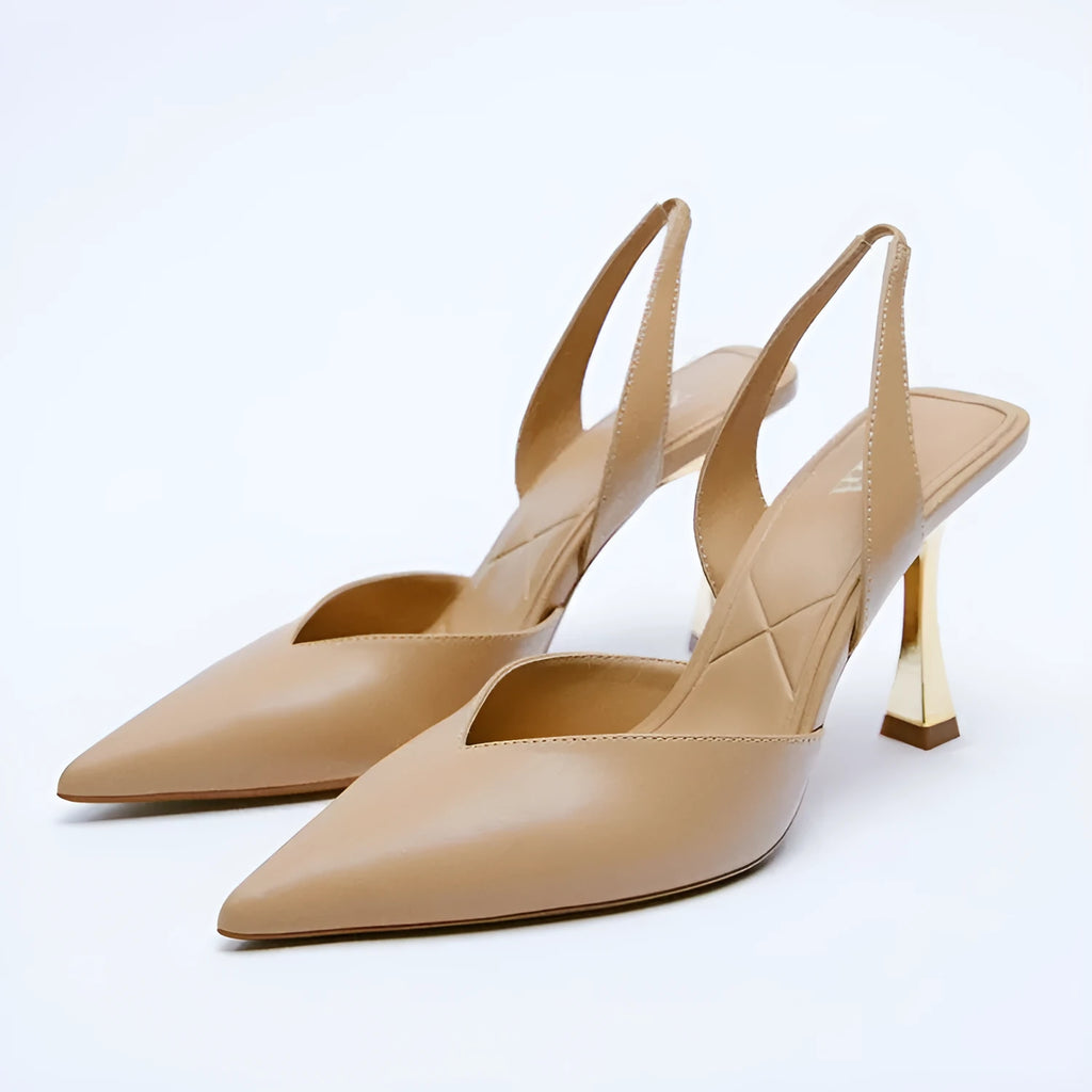 Nude patent leather pointed high heels with shallow cut design in apricot colour