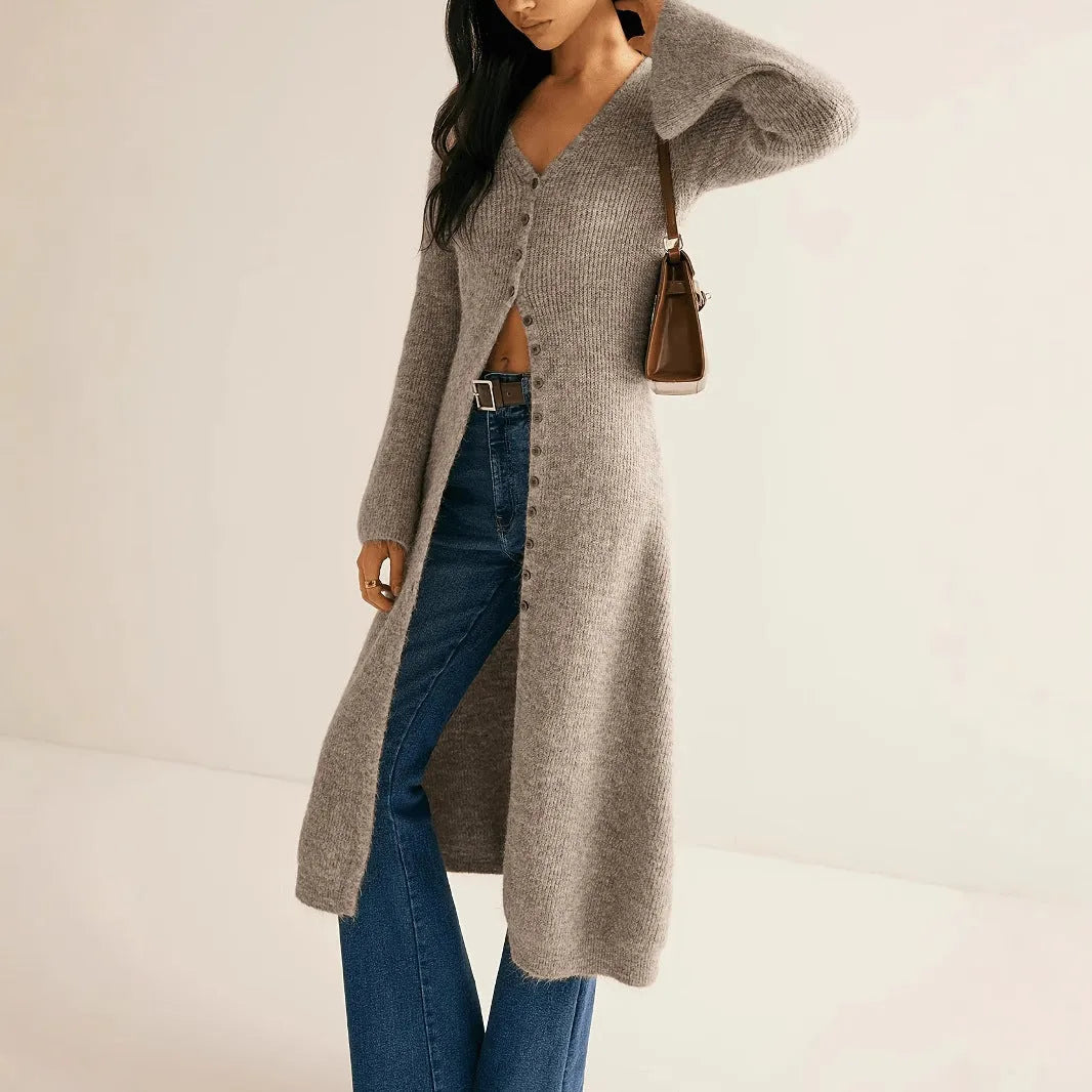 Khaki French retro style women's cardigan with button front and long sleeves