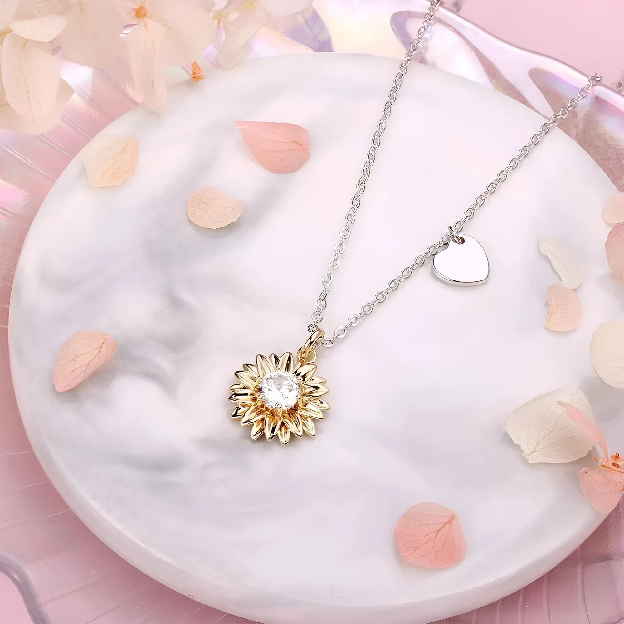 925 silver adjustable sunflower necklace with daisy petal pendant on a cross chain.