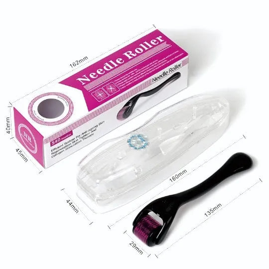 Derma roller with titanium needles for face and scalp, showing black and purple handle options.
