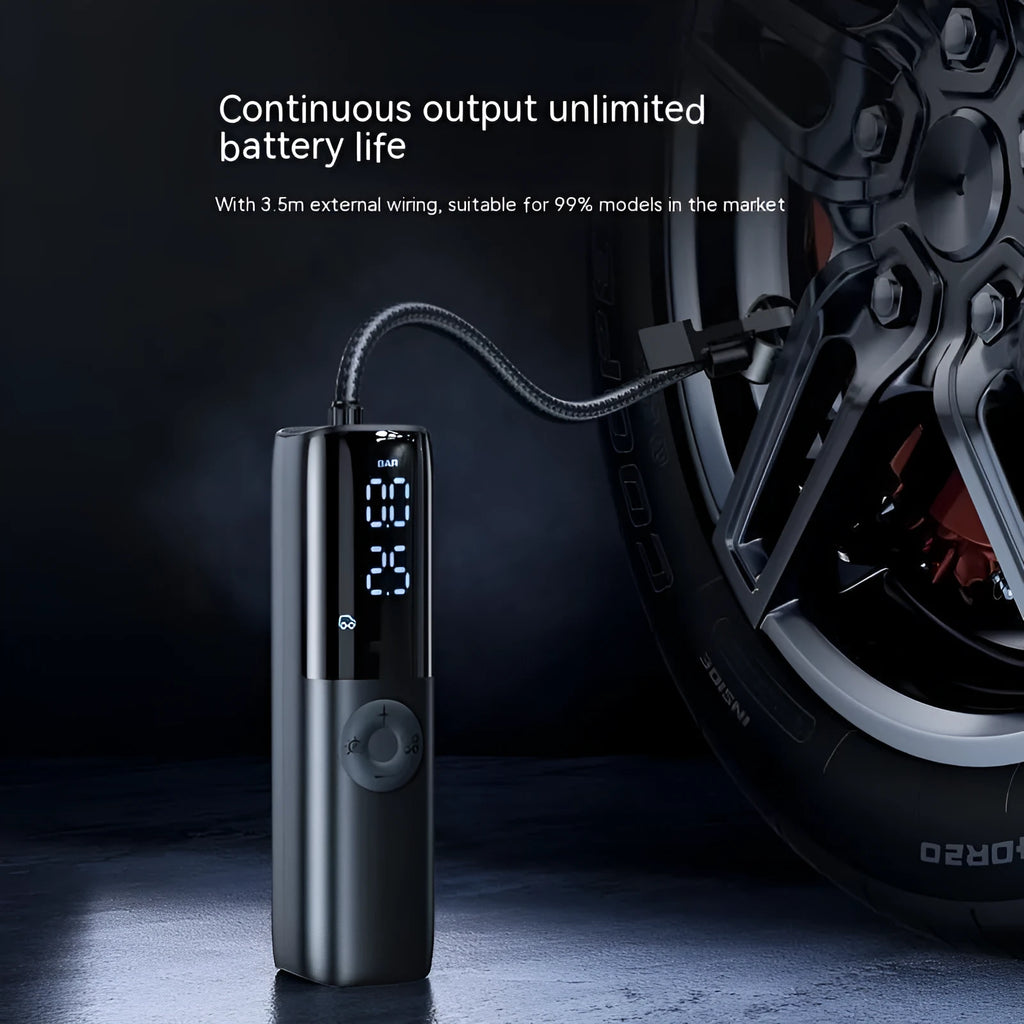 Black portable electric car air pump with built-in pressure gauge and power plug for 12V/24V vehicles.