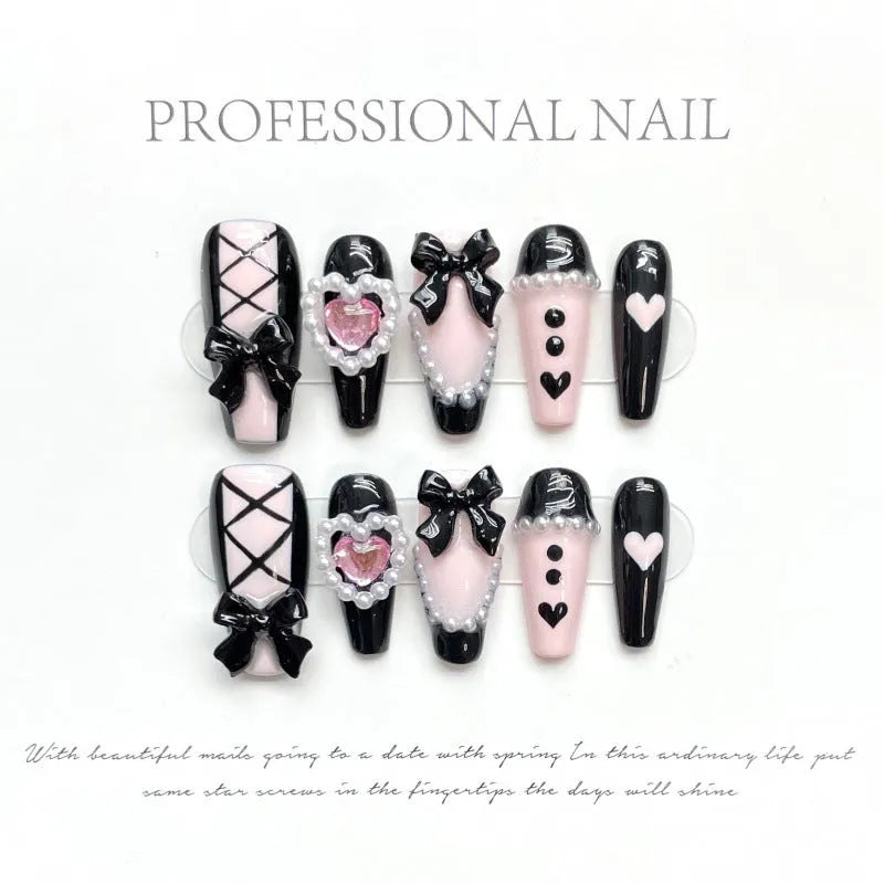 Black and pink heart hand-painted manicure set with bow and XINGX patterns on detachable plastic armour suit