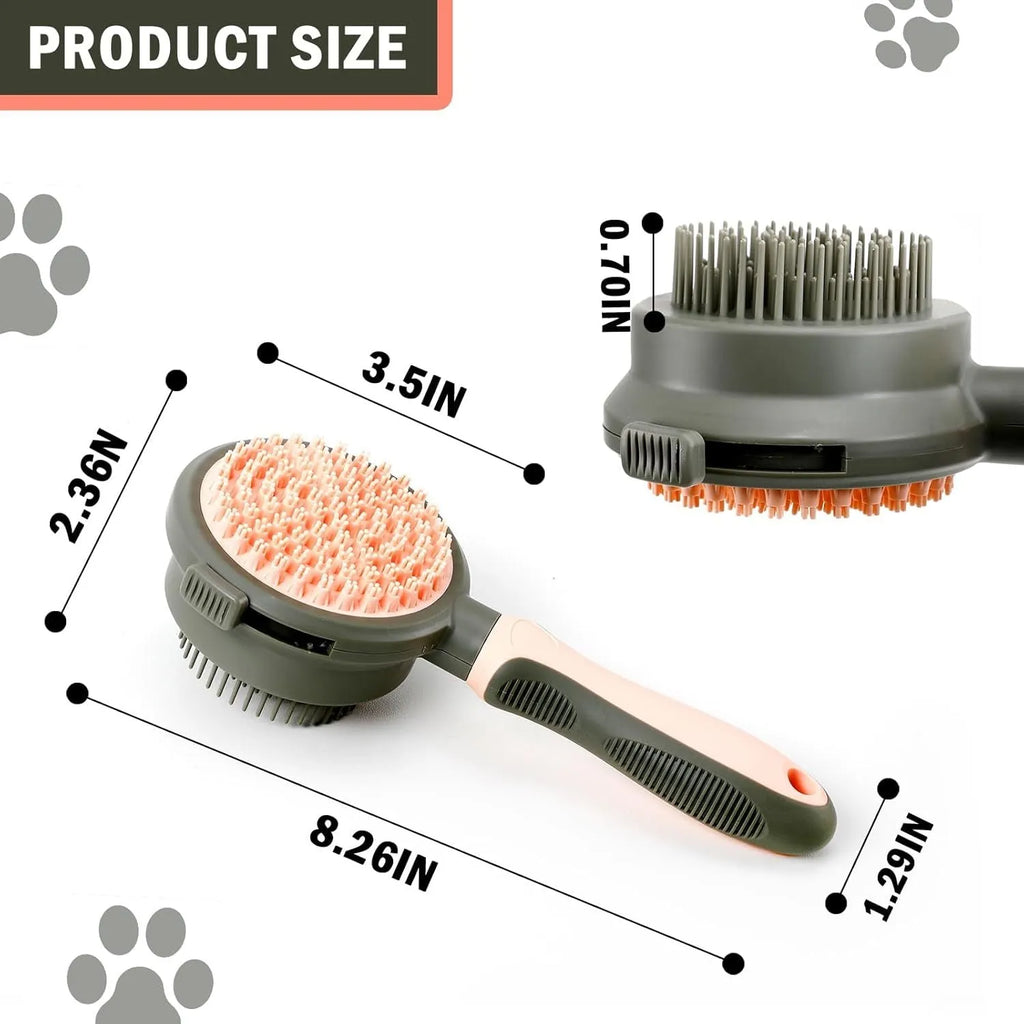 Pink and green double-sided cat grooming brush with a release button and a separate flea comb.