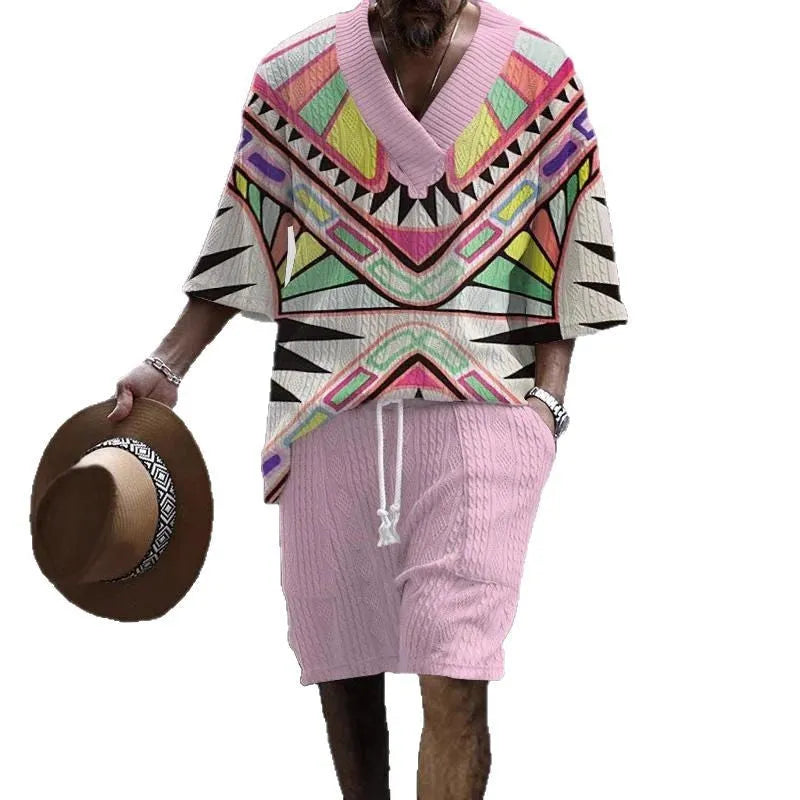 Loose casual short sleeve suit set in polyester with matching top and shorts
