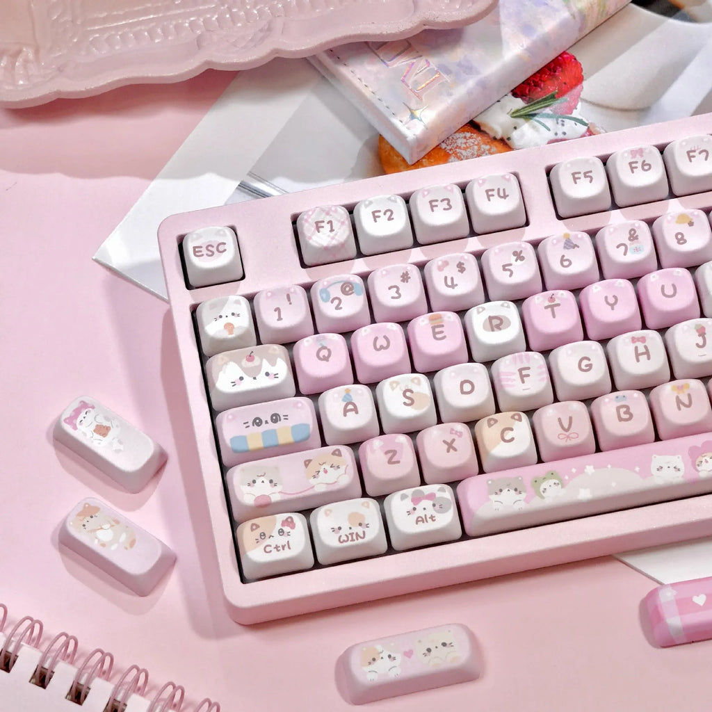 MOA height pink cartoon sublimation key caps for mechanical keyboards showing five-sided artwork coverage.