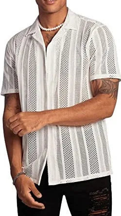 Men's black knitted short-sleeved button-up shirt with jacquard texture and cardigan style on a white background.