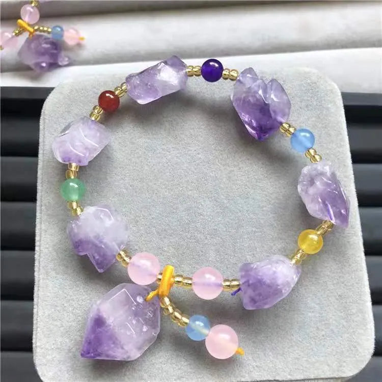 Natural amethyst bracelet with fu character engraving on purple gemstone beads