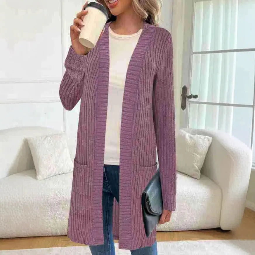 Long sleeve loose fit knitted cardigan jacket for women in black, wine red or grey plus sizes