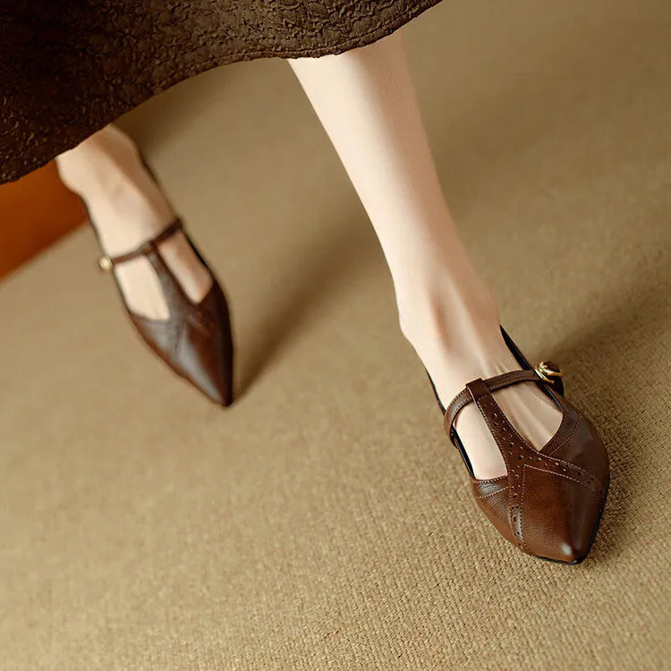 Brown women's cowhide leather flat shoes with round toe and soft bottom