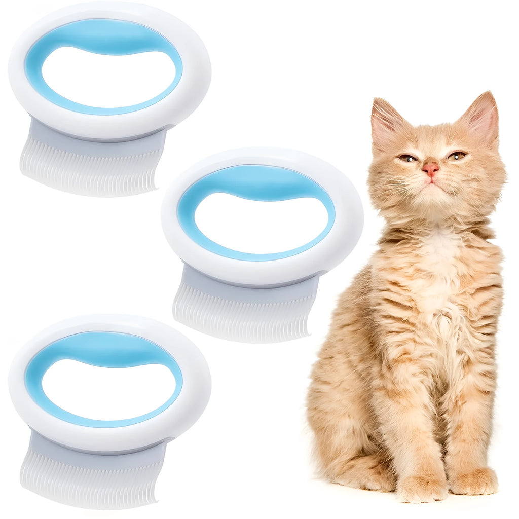 Blue pet grooming comb with ergonomic handle for deshedding and dematting cat and dog hair.