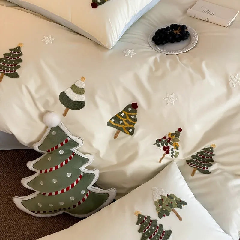 Christmas tree towel embroidery on pure cotton bedding set with botanical patterns