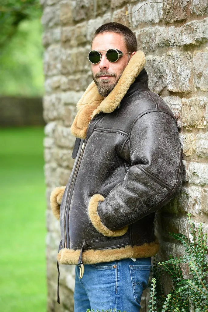 Men's brown synthetic leather fur coat with straight hem and side pockets