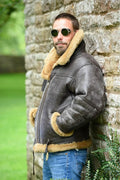 Men's brown synthetic leather fur coat with straight hem and side pockets