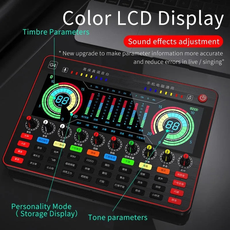 G4 professional USB sound card and capacitor microphone set with colour LCD display and remote control.