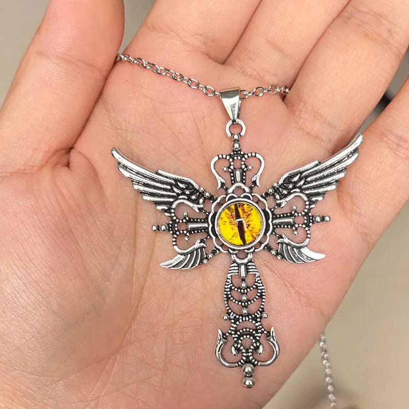 Alloy devil wings cross pendant necklace showing geometric design in available colour options