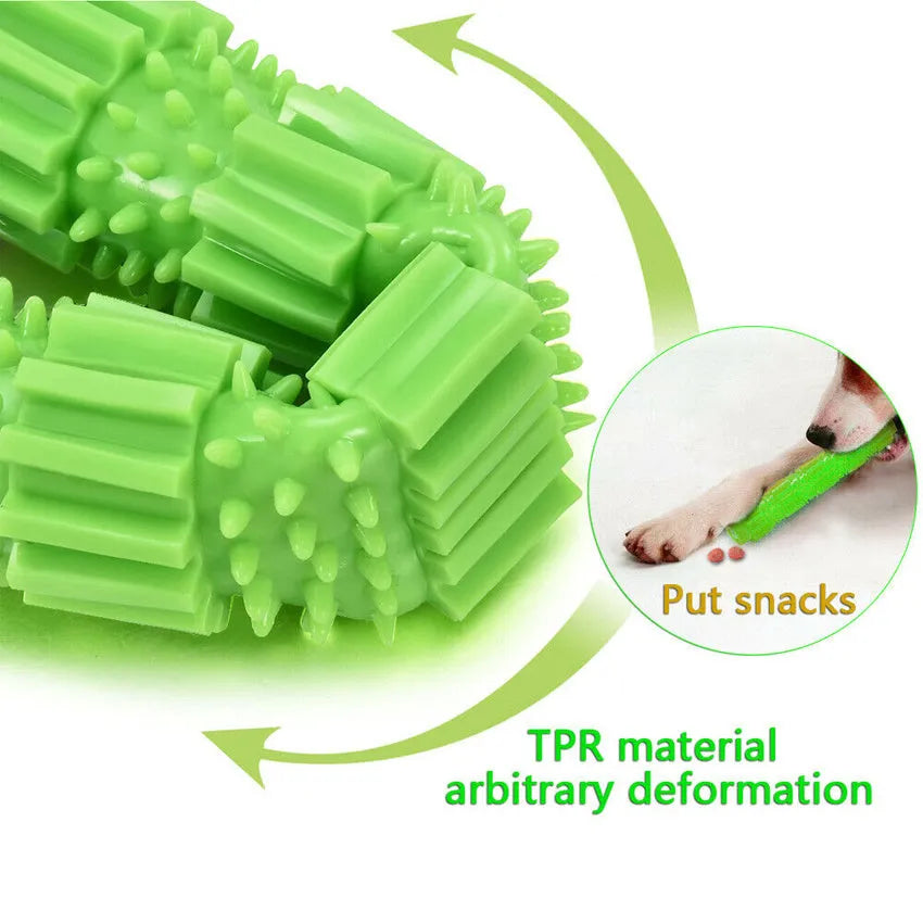 Green and orange natural rubber dog chew toy with treat dispensing hole
