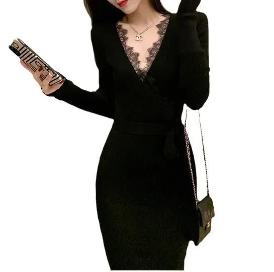 Women's solid black slim fit wool skirt with princess dress styling and free size fitting