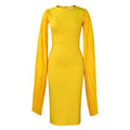 A yellow high-waist evening gown with a round neck, long sleeves, and a pleated shawl detail.