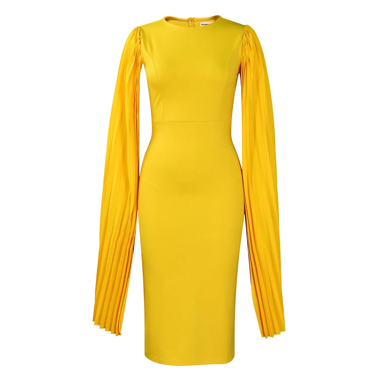 A yellow high-waist evening gown with a round neck, long sleeves, and a pleated shawl detail.