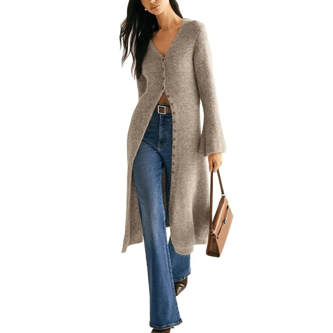 Khaki French retro style women's cardigan with button front and long sleeves