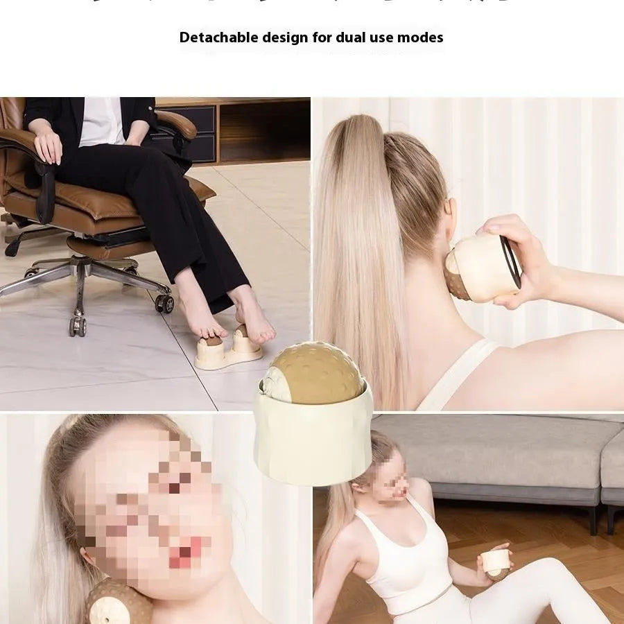 Caramel mocha coloured double massage ball set for hot and cold compress therapy on a wooden floor.
