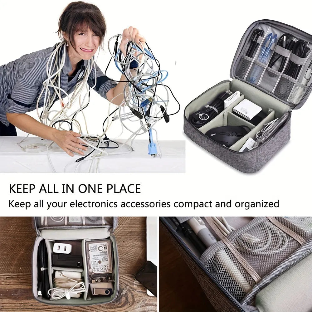 Black waterproof electronics organiser case open, showing mesh pockets, elastic loops, and removable padded dividers inside.