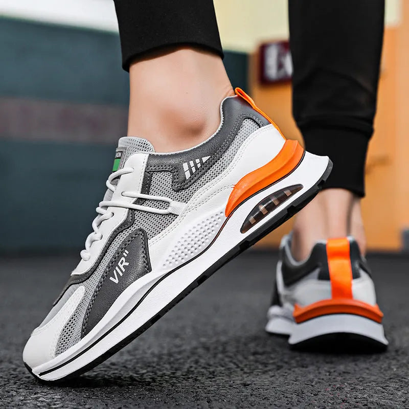 Men's grey and black breathable mesh casual running shoes with a round toe and EVA sole