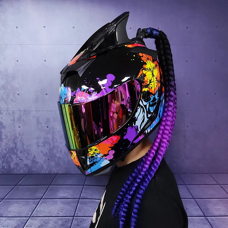 Dirty Braids full-face couples motorcycle helmet in ABS plastic with graphic design options