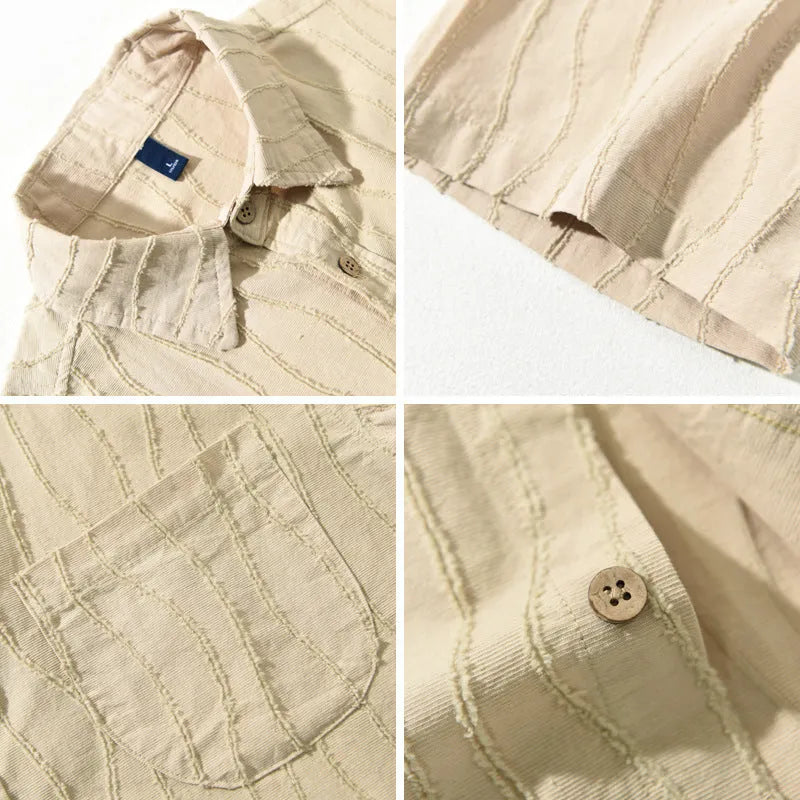 Men's apricot cotton short sleeve casual shirt with loose fit Japanese styling