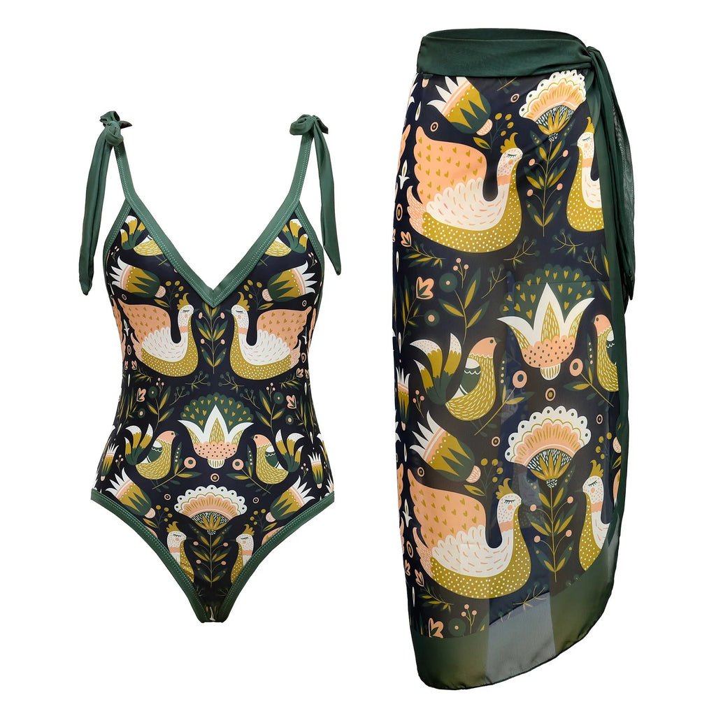 Women's solid colour spaghetti strap one-piece swimsuit with a matching skirt